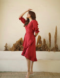 Wrap Red Dress With Frills Hand Made Italian Linen