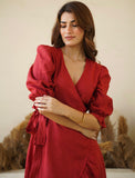 Wrap Red Dress With Frills Hand Made Italian Linen