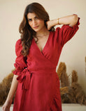 Wrap Red Dress With Frills Hand Made Italian Linen