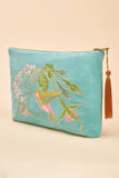 Velvet Embroidered Zip Pouch - Hummingbird, Aqua