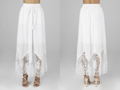 Long White Crochet Flowy summer maxi Skirt With Tassel