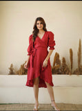 Wrap Red Dress With Frills Hand Made Italian Linen