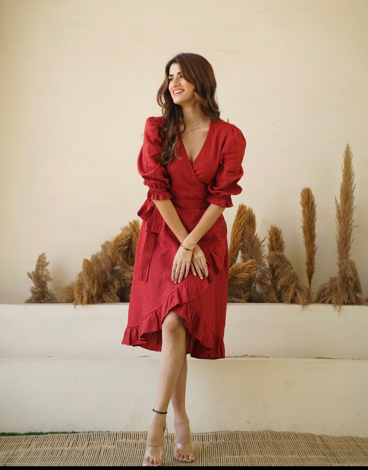 Wrap Red Dress With Frills Hand Made Italian Linen