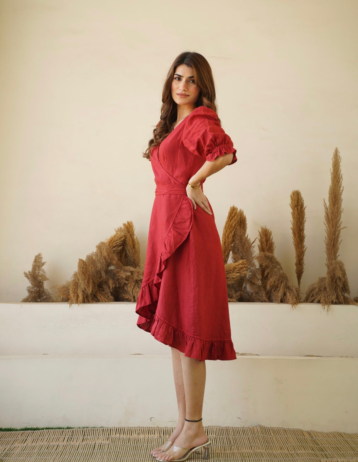 Wrap Red Dress With Frills Hand Made Italian Linen