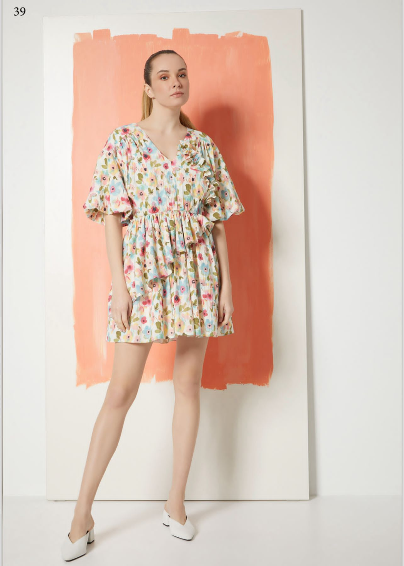 Floral Print Dress With Ruffle Detail Shirring At The Waist