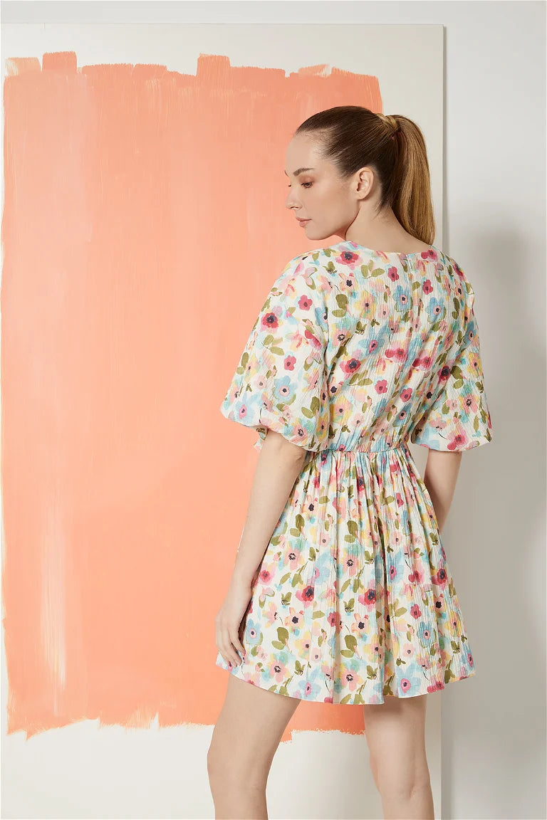 Floral Print Dress With Ruffle Detail Shirring At The Waist