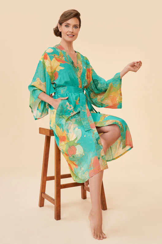 Hummingbird Kimono Gown - Aqua