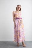 Maxi Purple Dress with Magnolia Pattern and Belt Detail with Strap