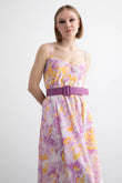 Maxi Purple Dress with Magnolia Pattern and Belt Detail with Strap