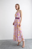 Maxi Purple Dress with Magnolia Pattern and Belt Detail with Strap