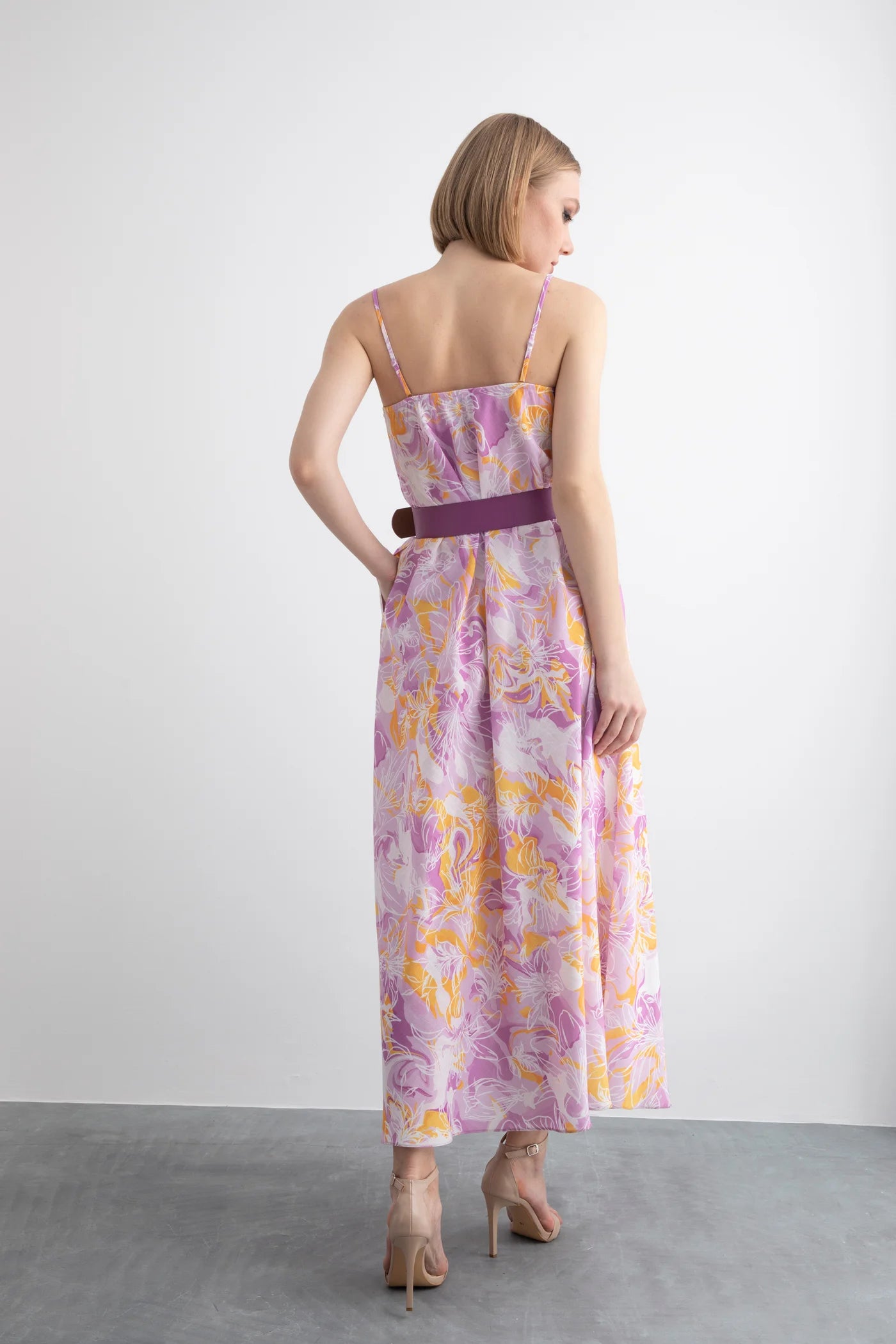 Maxi Purple Dress with Magnolia Pattern and Belt Detail with Strap