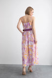 Maxi Purple Dress with Magnolia Pattern and Belt Detail with Strap