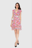 Pleated Mini Ecru Dress With Floral Pattern Belt