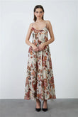 Spaghetti Strap Chiffon Patterned Beige Long Dress