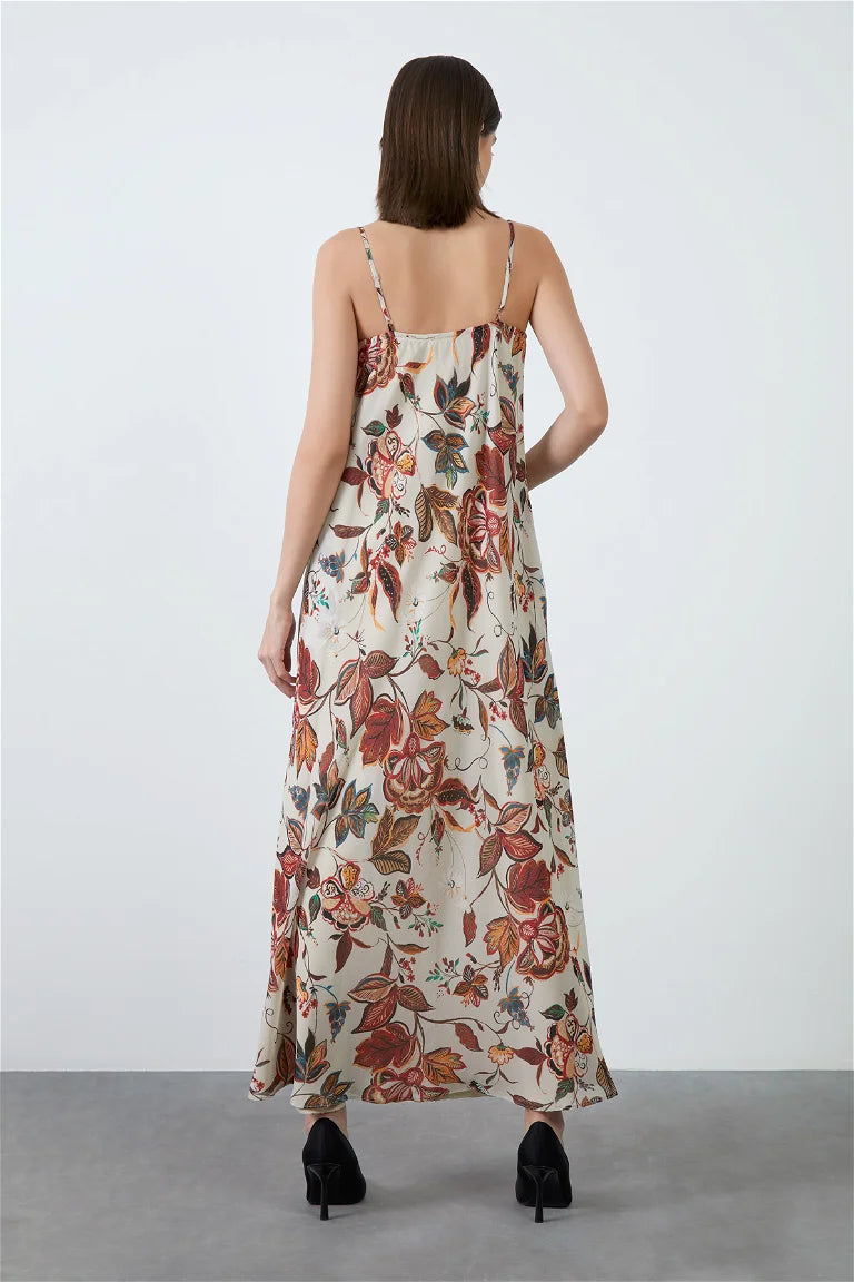 Spaghetti Strap Chiffon Patterned Beige Long Dress