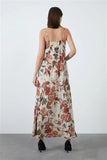 Spaghetti Strap Chiffon Patterned Beige Long Dress