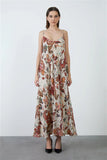 Spaghetti Strap Chiffon Patterned Beige Long Dress