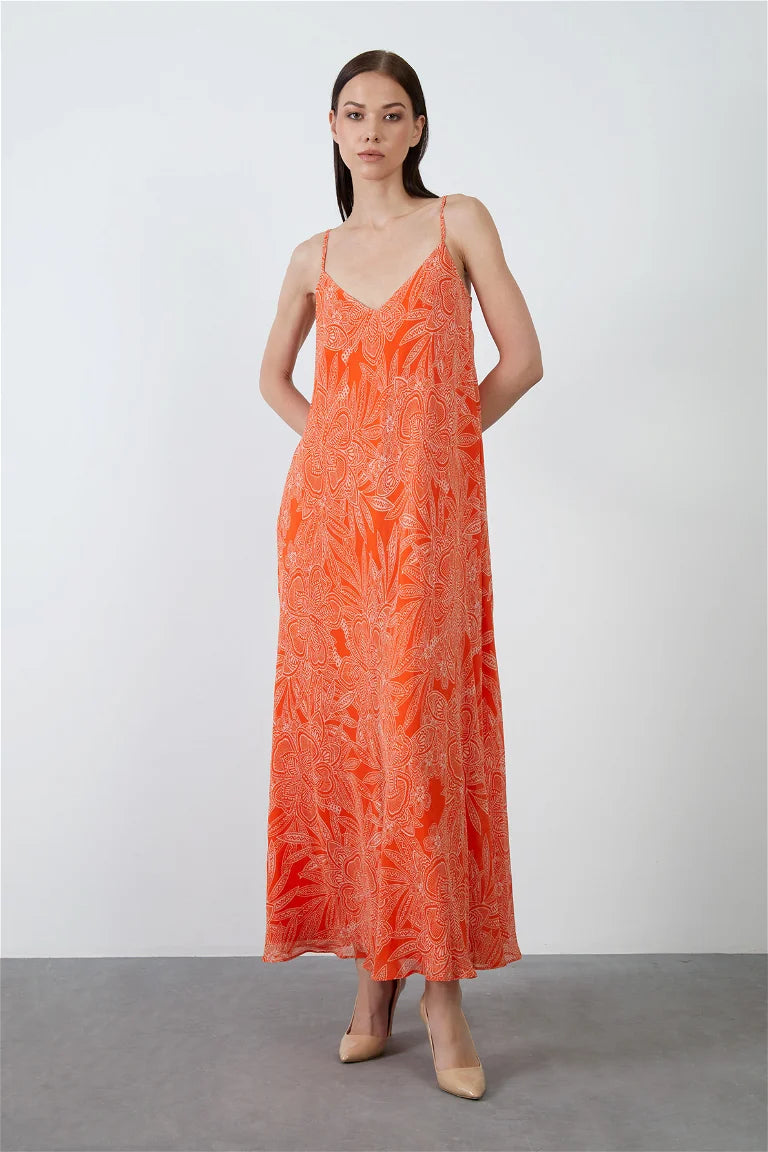 Spaghetti Strap Chiffon Patterned Orange Long Dress