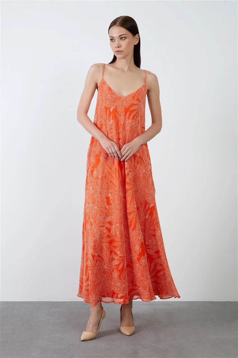 Spaghetti Strap Chiffon Patterned Orange Long Dress