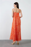 Spaghetti Strap Chiffon Patterned Orange Long Dress