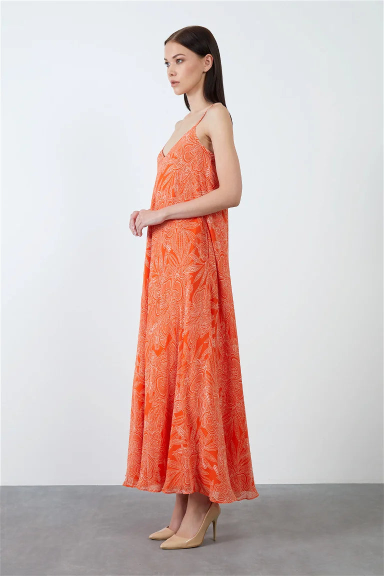 Spaghetti Strap Chiffon Patterned Orange Long Dress