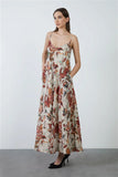 Spaghetti Strap Chiffon Patterned Beige Long Dress