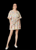 Floral Print Dress With Ruffle Detail Shirring At The Waist