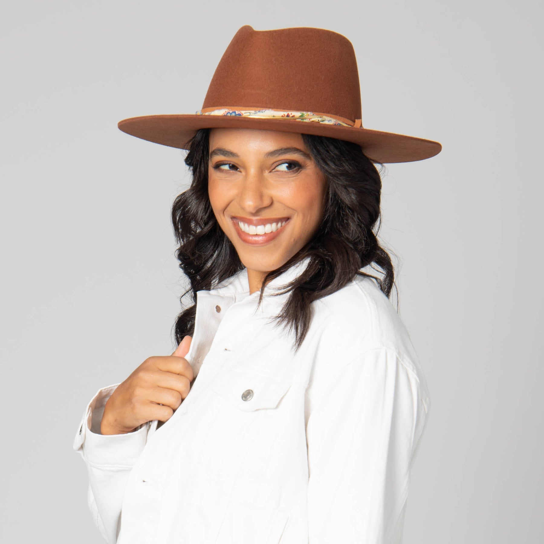 Farrah - Stiff Brim Fedora with Patterned Fabric Band