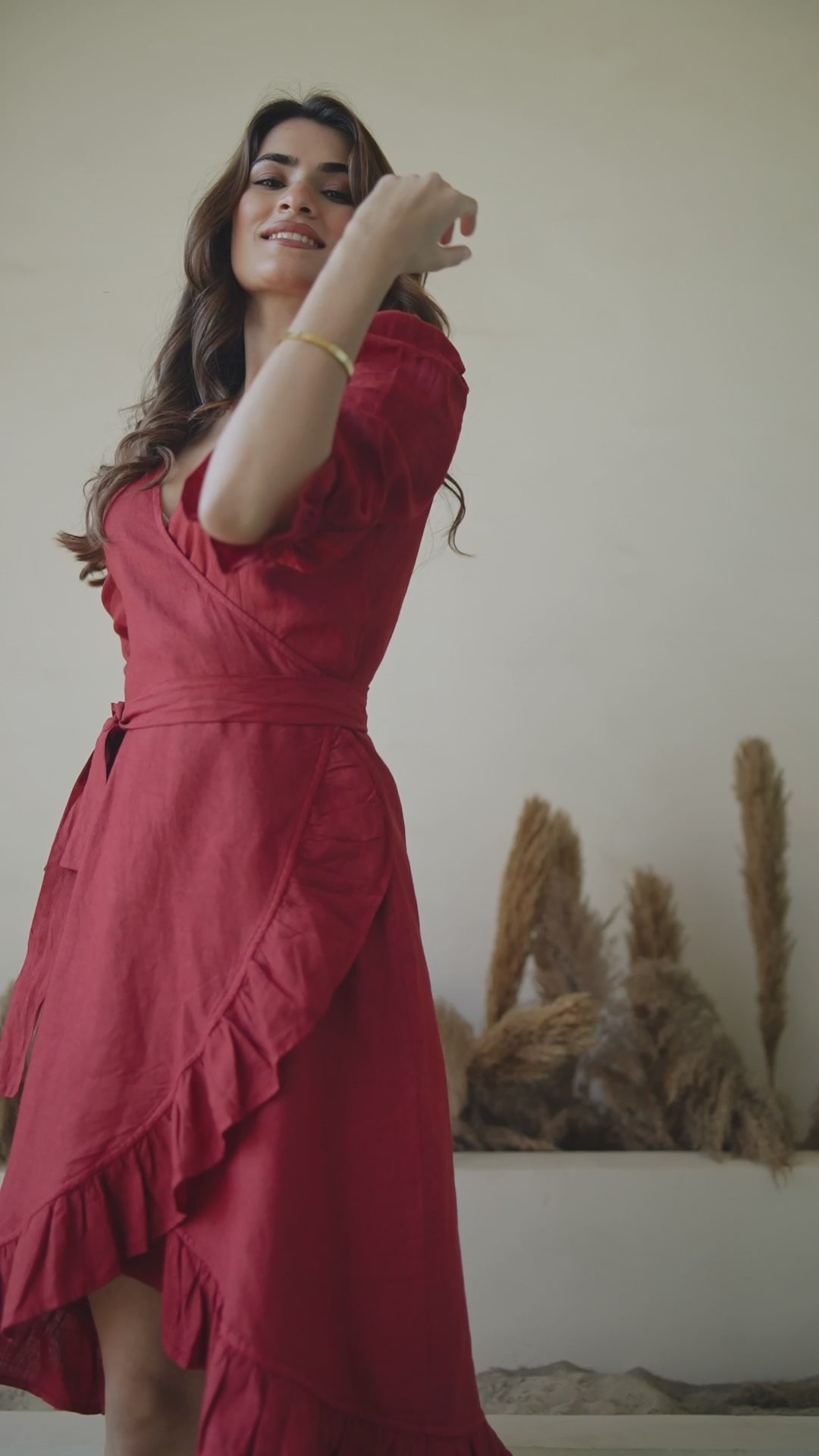 Wrap Red Dress With Frills Hand Made Italian Linen