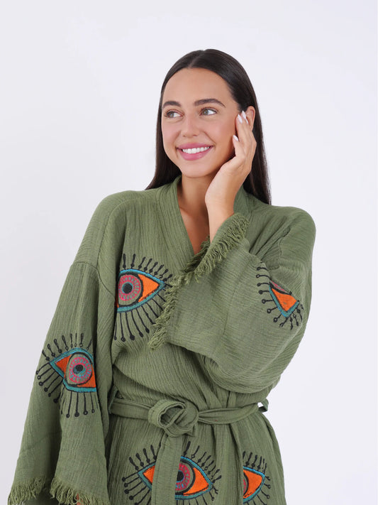 100% ORGANIC COTTON Evil Eye Kimono Robe